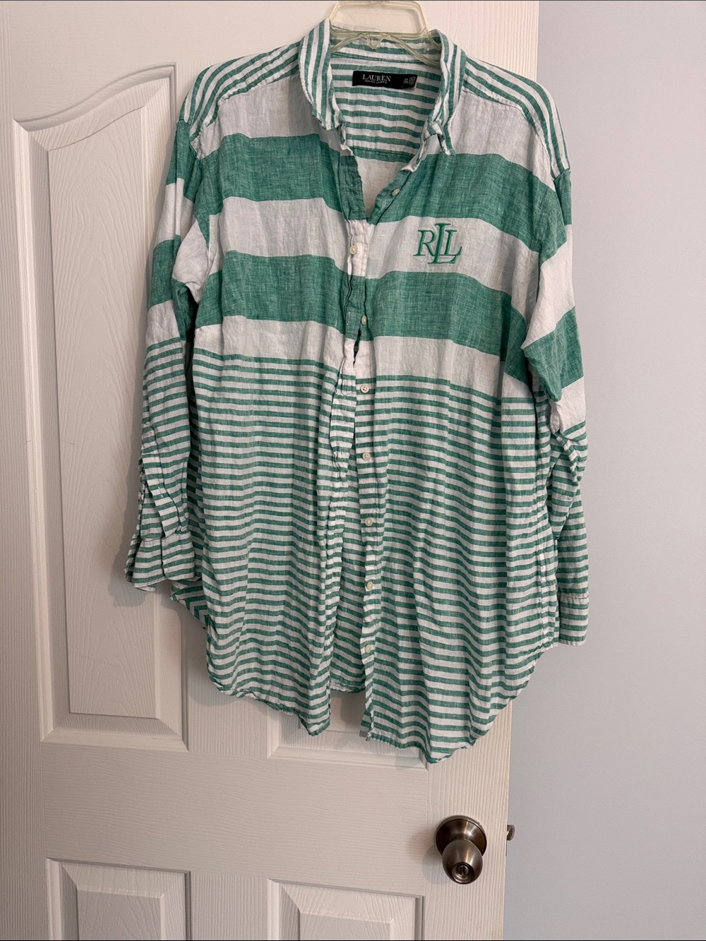 Ralph Lauren Green & White Striped Button-Down Shirt with RLL Embroidery